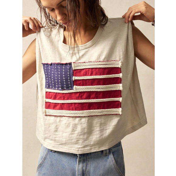 100% Cotton American Flag Beige Round Neck Sleeveless Muscle Tee Shirt - Picture 5 of 8